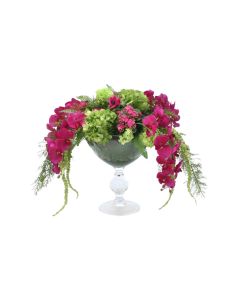 Hydrangea with Orchids and Hanging Amaranthus in Glass Bowl with Pedestal