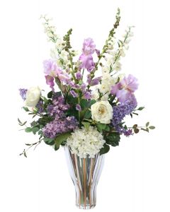 Hydrangea with Roses, Iris and Foxglove in Fluted Vase