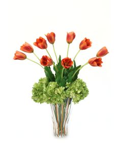 Dark Orange Red Tulips and Green Hydrangeas in Fluted Gold Rim Trimmed Glass Vase