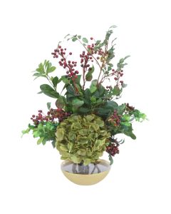 Green Hydrangea with Berries in Gold Rimmed Rose Bowl 