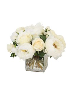 Cream White Peonies and Roses in Glass Square