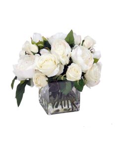 Cream White Peonies and Roses in Glass Square