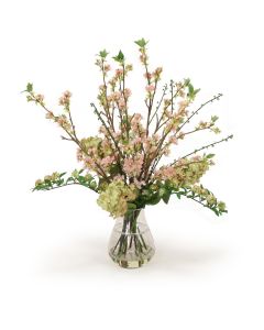 Pink Pear Blossom with Peegee Hydrangeas in Lg Rimmed Glass