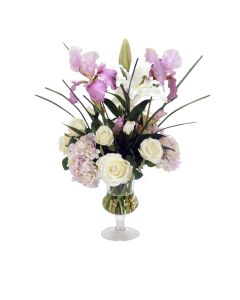 Cream White and Lavender Hydrangea with Lavender Iris' in Glass Urn 