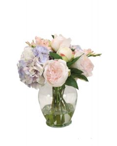 Pink and Lavender Mix of Peonies and Hydrangeas in Round Vase