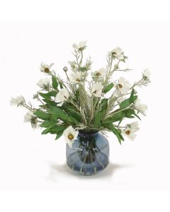 White Cosmos with Eucalyptus in Blue Vase