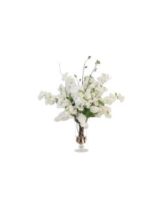 White Cherry Blossoms in Glass Urn