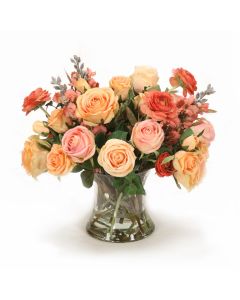 Peach Roses, Coral Ranunculus, Pink Roses in Clear Hourglass Vase