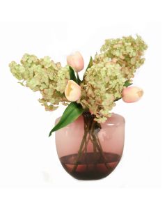 Hydrangea's and Pink Tulips in Oregon Violet Vase