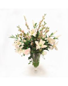 Casablanca Lilies Pear Blossom and Peonies in Flared Glass