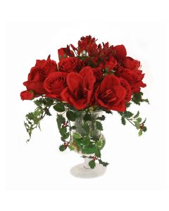 Red Roses with Red Amaryllis and Holly Mixed Agapanthus in Glass Urn