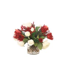 Cream White Roses with Burgundy Tulips and Dahlias in Cylinder