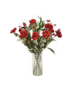 Burgundy Zinnas with Red Daisies and Eucalyptus in Tall Vase