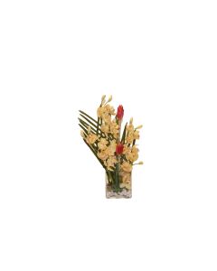Cream Cymbidium Orchids with Banana Bud in Tall Glass Rectangle