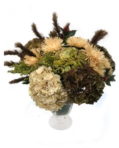 Mixed Hydrangeas Beige Gerber Daisies and Green Astible and Brown Plumes in Glass Urn