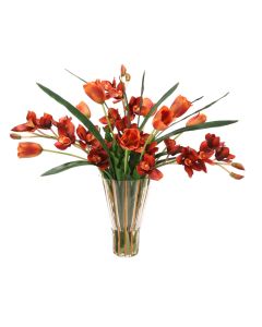 Rust Tulips and Orchids in Tall Vase
