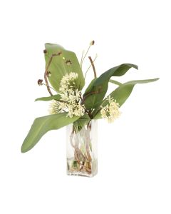 Banana Leaves, Agapanthus, Alliums in Rectangular Glass Vase