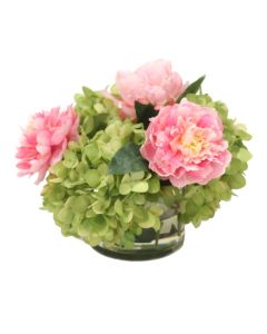 Natural Touch Green Hydrangea and Pink Peonies in Round Glass Vase