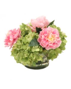Natural Touch Green Hydrangea and Pink Peonies in Round Glass Vase