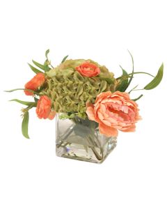 Green Brown Hydrangea with Peach Peony and Ranunculus in Square Glass