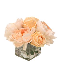 Champagne Peonies and Peach Roses in Square Glass Vase