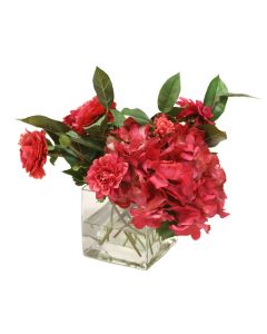 Fushia Hydrangea with Ranunculas and Dahlia in Square Glass Vase