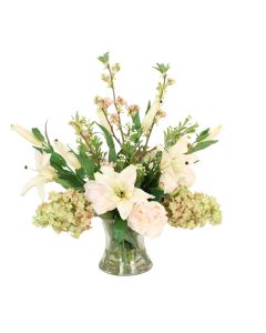 Peonies, Peegee Hydrange's and Pear Blossoms in Hour Glass