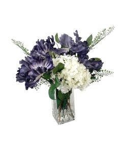Antique Blue with Cream Roses and Freesia in Square Glass Vase