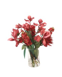 Iris Mixed with Dahlia and Stock in Glass Cylinder Vase