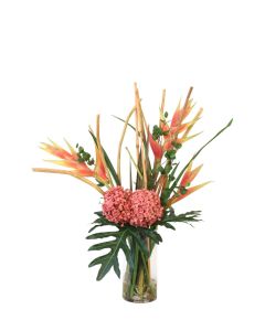Waterlook® Heliconia's with Alliums and Foliage in Glass Vase
