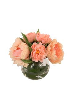 Peach Peonies in Round Glass Bowl