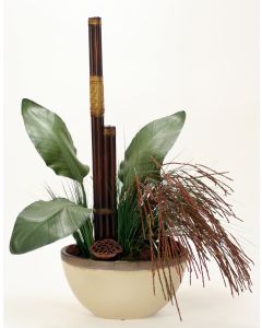 Mixed Grass with Pods and Rattan Poles in Small Oval Earthenware Vase