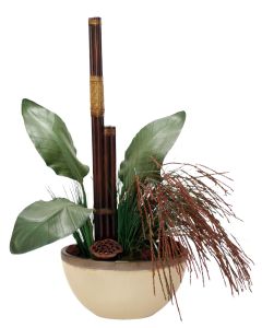 Mixed Grass with Pods and Rattan Poles in Small Oval Earthenware Vase