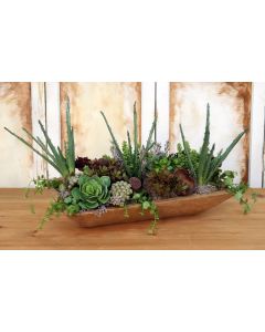 Burgundy Hen and Chicks, Succulents and Aloe Vera in A Wood Dough Bowl