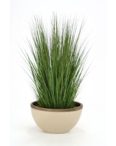 Green Grass in Shellish Sand Earthenware Oval Vase with Bronze Rim