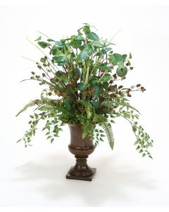 Green Brown Hypericum and Assorted Foliages in Small Cherry Urn
