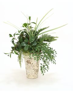 Leafy Branches and Mixed Ferns in Tall Fern Embossed Crackle Finish Clay Pot