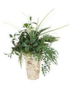 Leafy Branches and Mixed Ferns in Tall Fern Embossed Crackle Finish Clay Pot