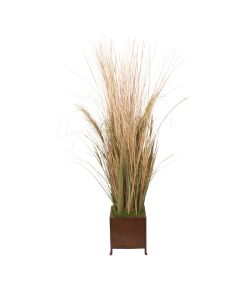 Beige Natural Fountain Grass with other Dried in Basket Weave Metal Footed Planter