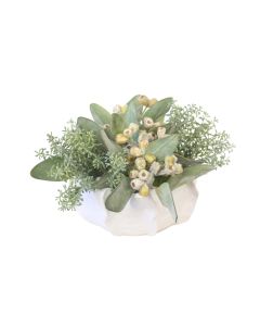 Frosted Eucalyptus Pods Mixed with Sedum in Unique White Planter
