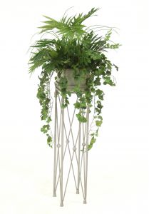 Mixed Greenery in Square Wood Planter in Pewter Plant Stand