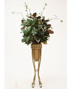 Magnolia Branches in Gold Accented Browm Planter with Iron Stand
