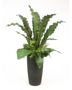 Large Tropical Foliage in Tall Matte Black Sandstone-Finish Fiberglass Planter