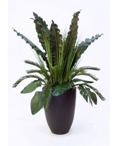 Tropical Foliage in A Tall Black Fiberglass Planter