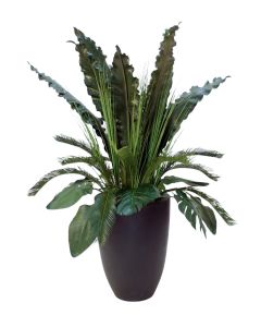 Tropical Foliage in A Tall Black Fiberglass Planter