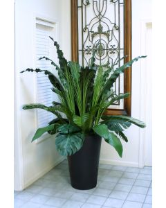 Tropical Foliage and Grass in A Black Tapered Rattan Floor Planter