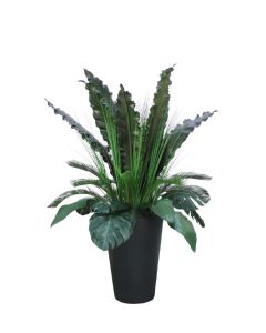 Tropical Foliage and Grass in A Black Tapered Rattan Floor Planter