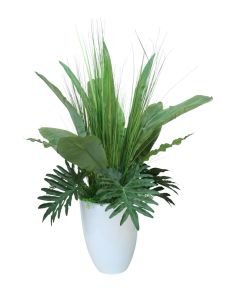 Tropical Foliage in White Fiberglass Planter