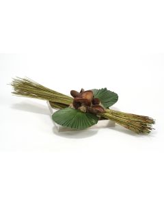 Horizontal Natural Reeds and Mushrooms, Fan Palms in Nickel-Finish Tabletop Tray