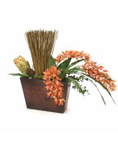 Rust Orchid with Protea and Reeds in Metal Wall Hanging